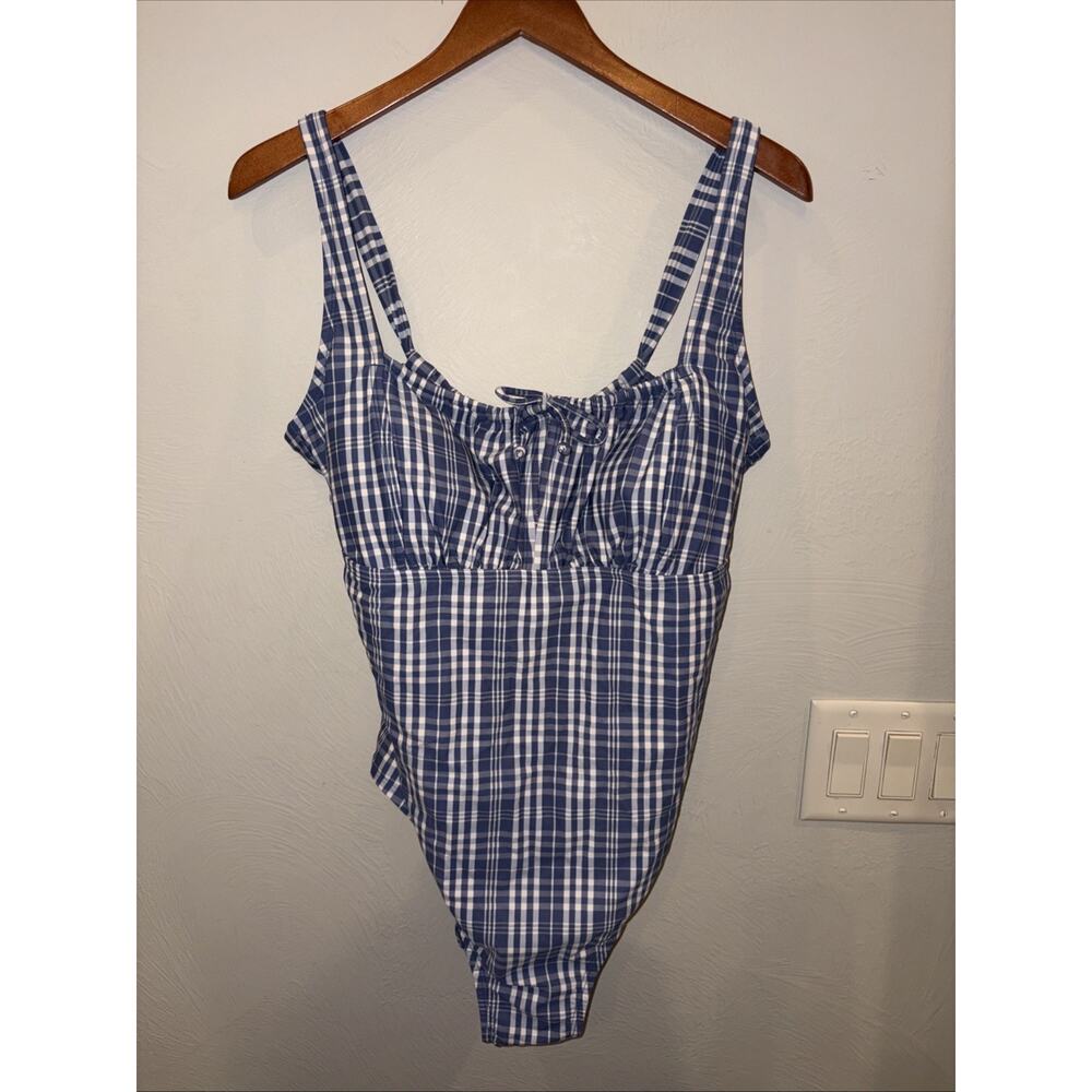 New Kona Sol Swimโ Suit One Piece Open Back High Coverage White Blue Plaid S 20W